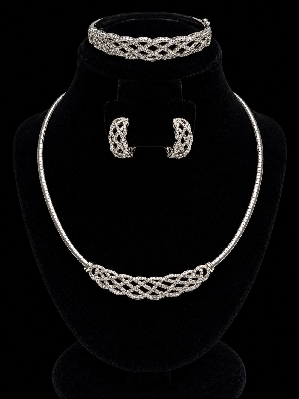 3 pc set Silver Braided Statement Necklace, Bracelet & Earring Set